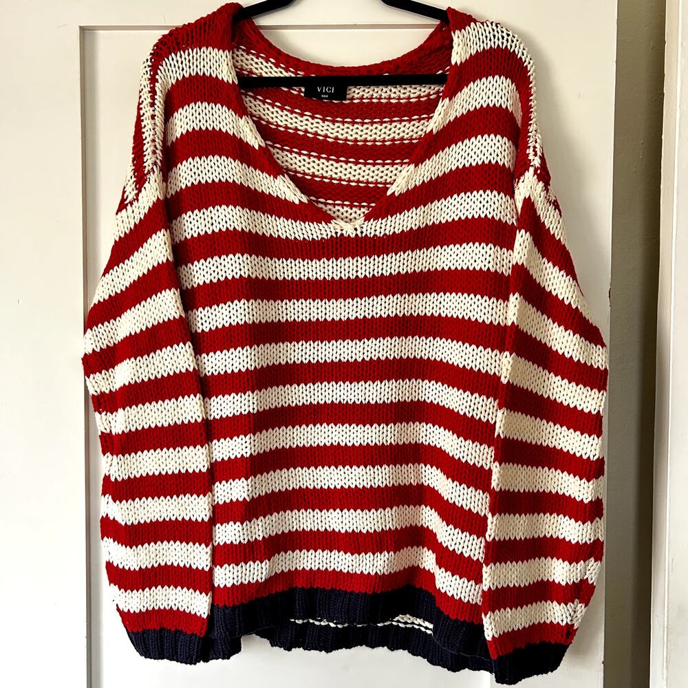 Women's VICI oversized V-neck striped swester cozy beach vibes